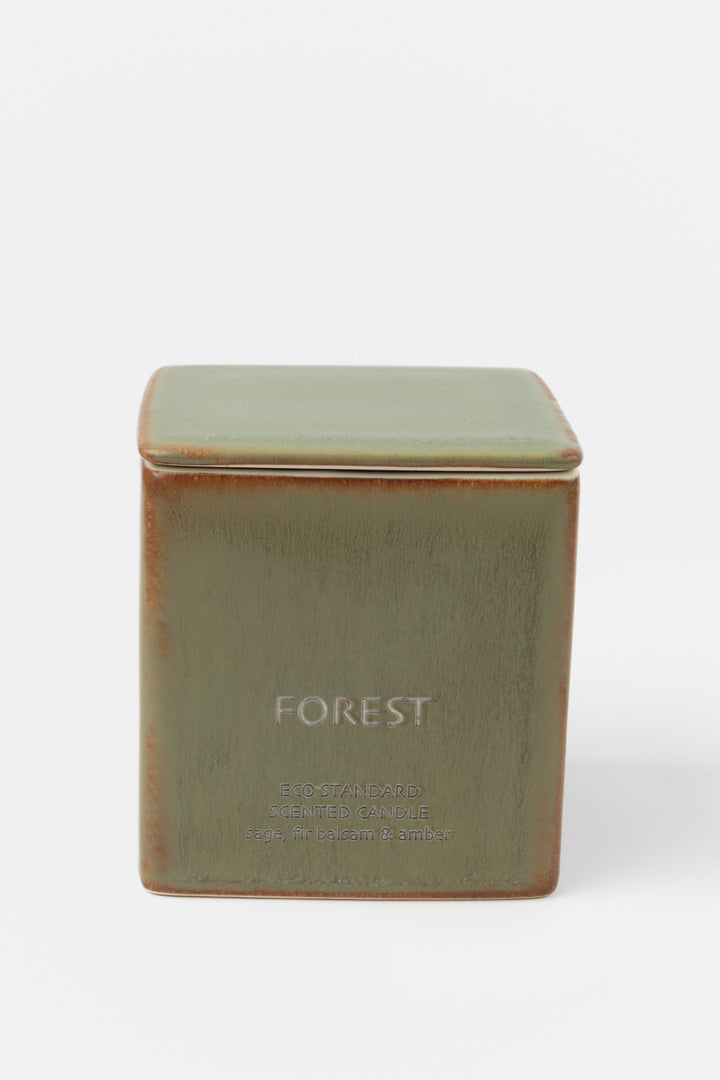 square green ceramic candle with fitted lid, front view
