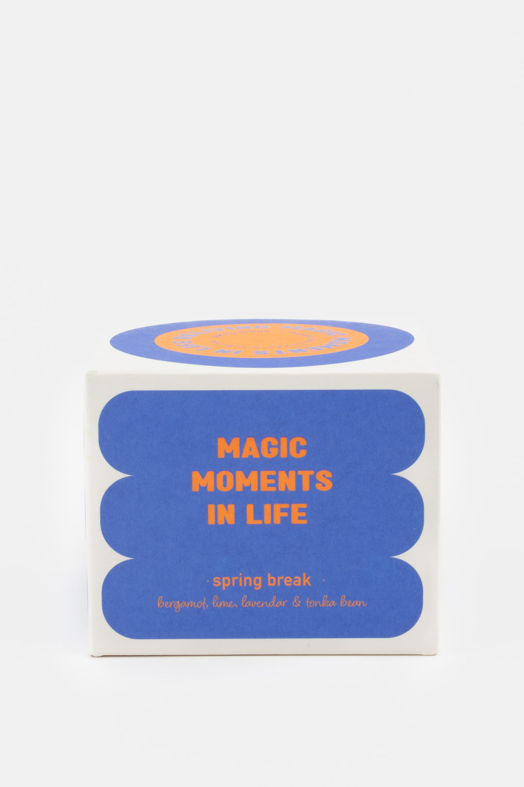 spring break packaging box with blue and orange graphic design