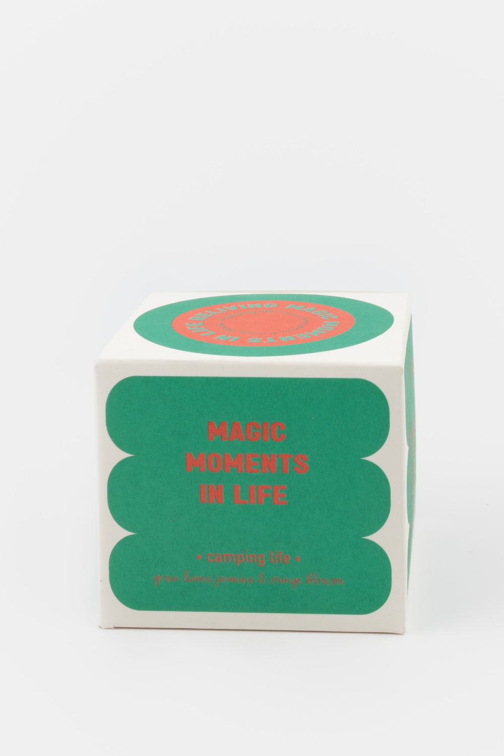 camping life packaging box with green and orange graphic design
