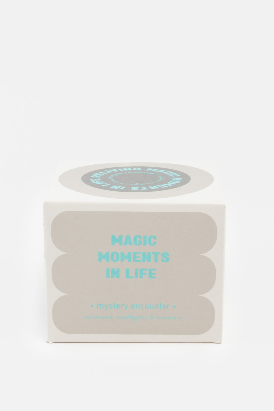 mystery encounter packaging box with grey and mint graphic design