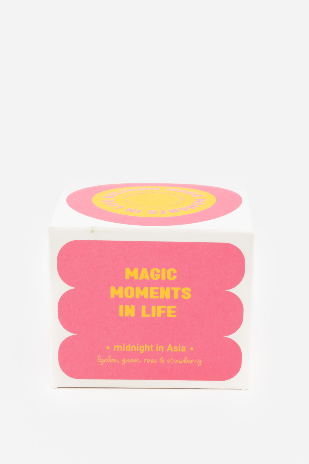midnight in asia packaging box with pink and yellow graphic design