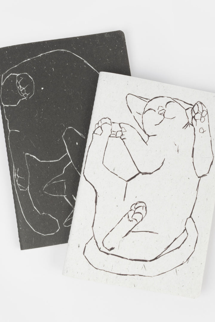 Two notebooks with black and white line drawings of cats on textured paper.