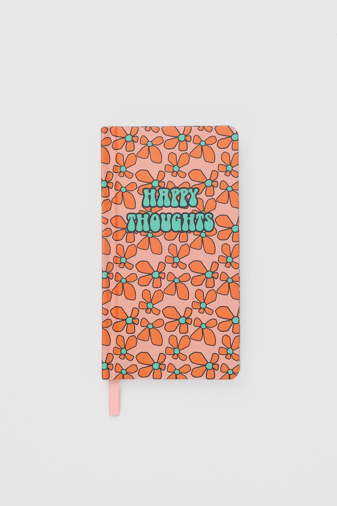 front view of a journal with a retro flower pattern and a matching ribbon marker
