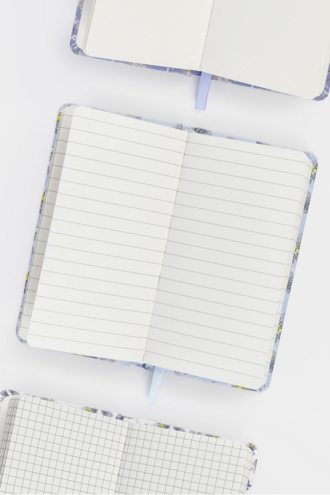 3 notebook with lined, grid and dotted  pages on a white background