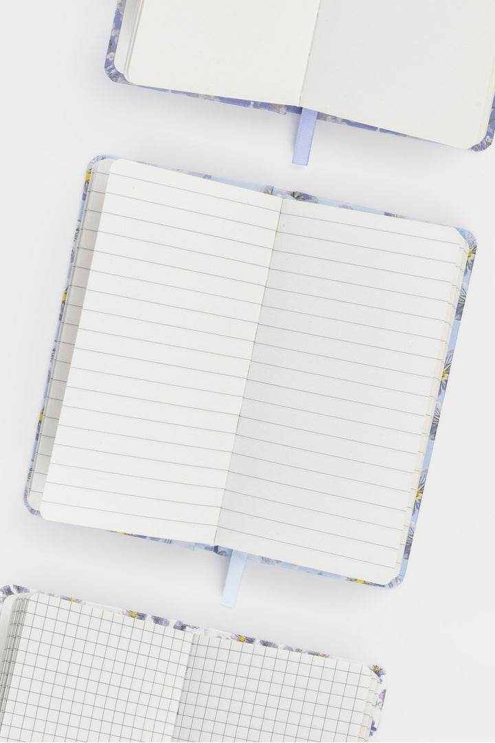 3 notebook with lined, grid and dotted  pages on a white background