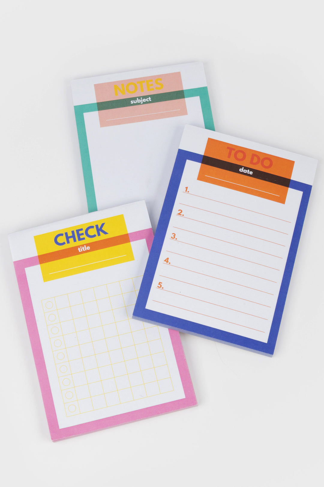 Set of three colour-blocked notepads: to-do, notes and checklist
