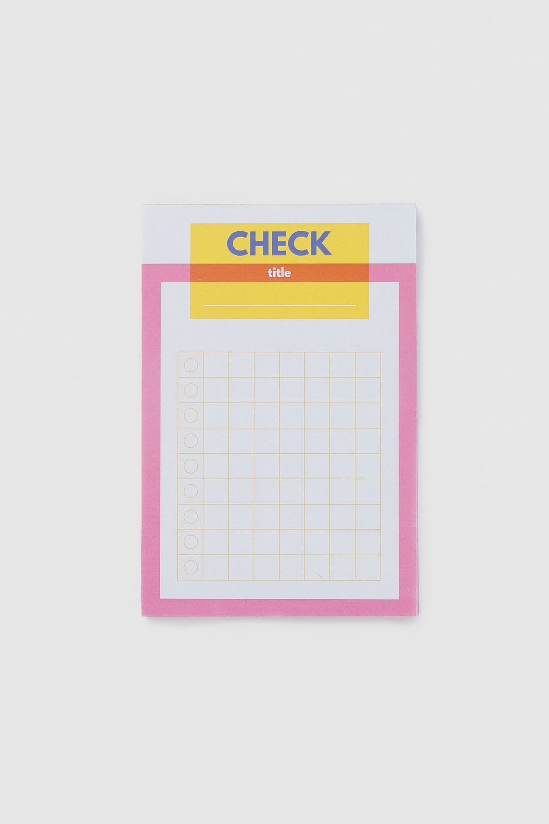 Pink colour-blocked checklist notepad with grid and circles
