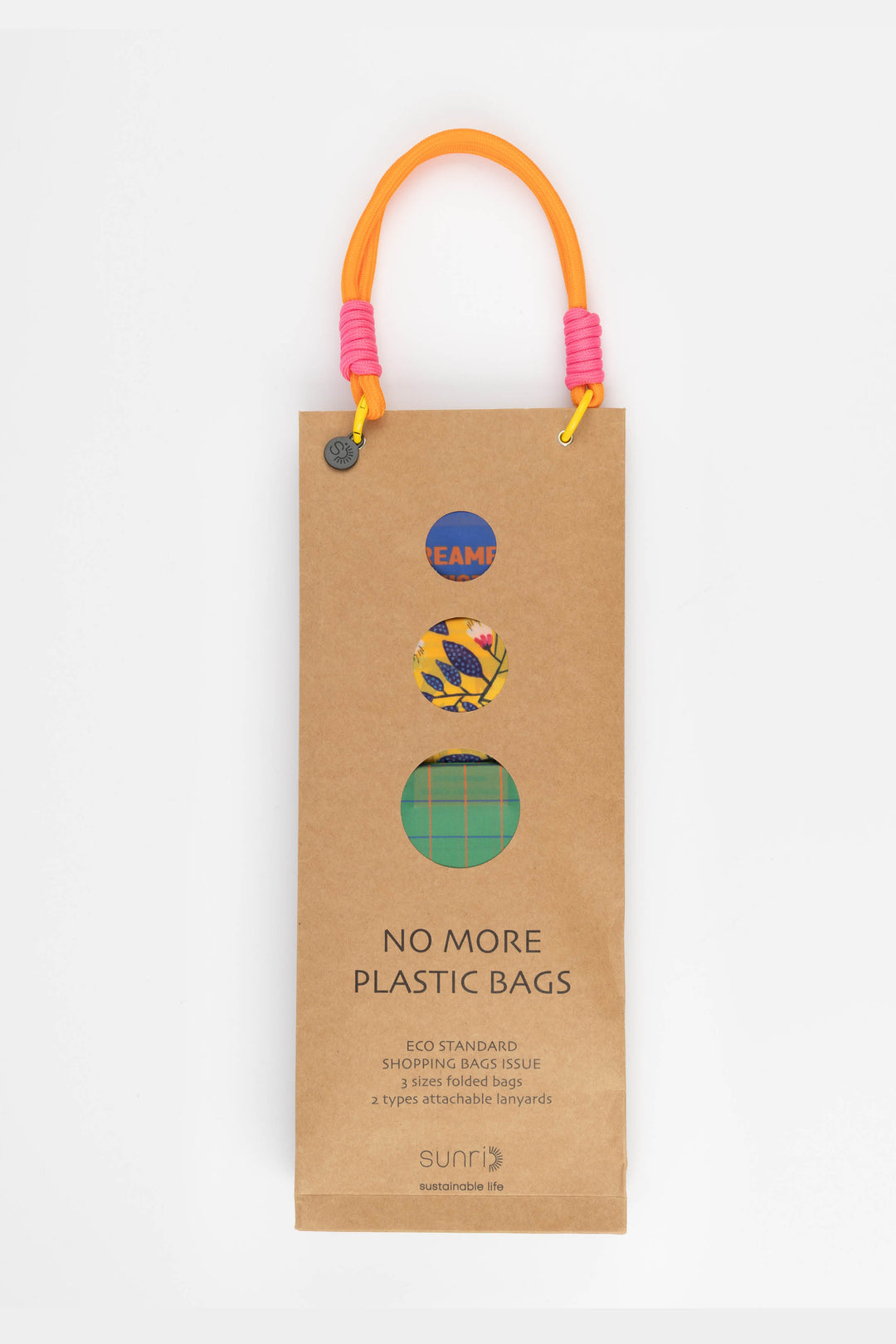 Cardboard packaging for shopping bags with colourful handles and visible branding 