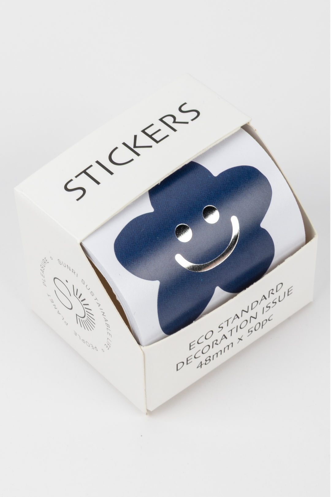 Box of stickers with a blue bear design on a white background