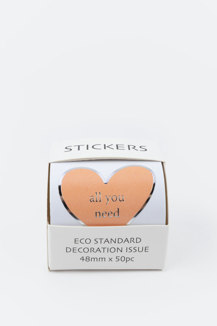 Pack of stickers with a heart-shaped design and text on a white background