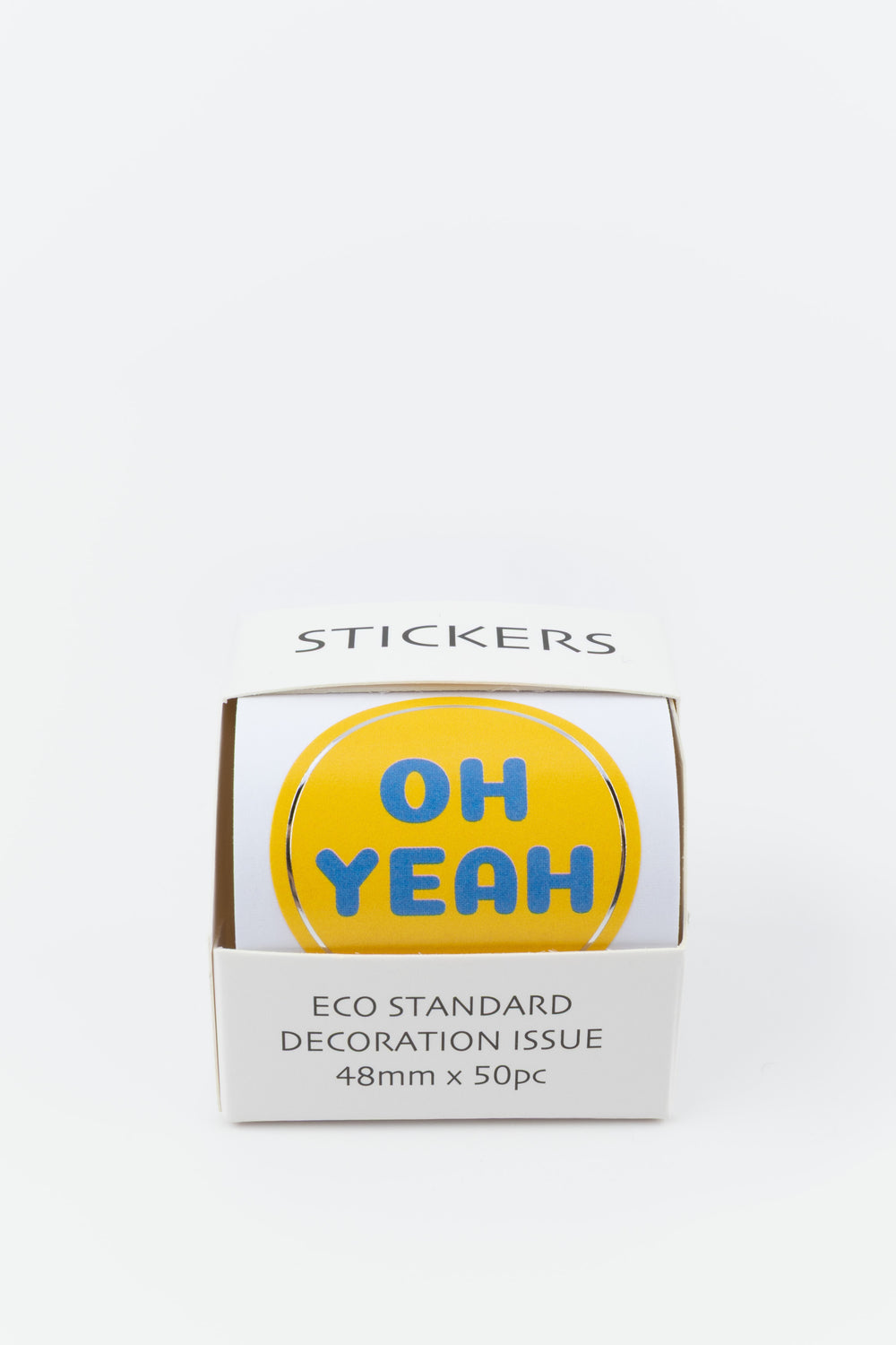 Box of stickers with 'OH YEAH' design on a white background