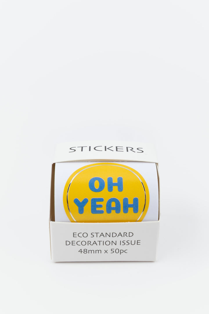 Box of stickers with 'OH YEAH' design on a white background