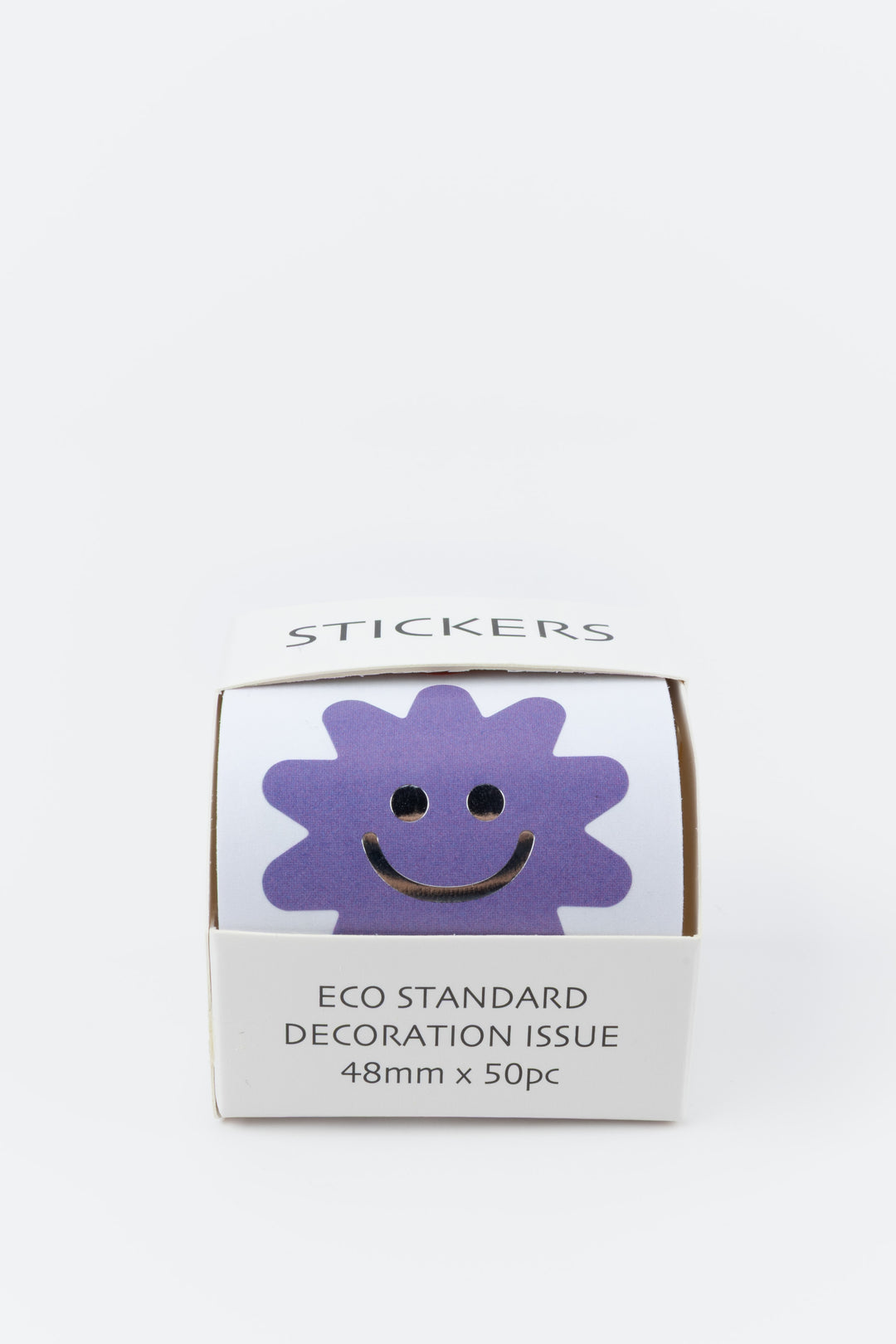 Box of stickers with a purple smiley face design on a white background