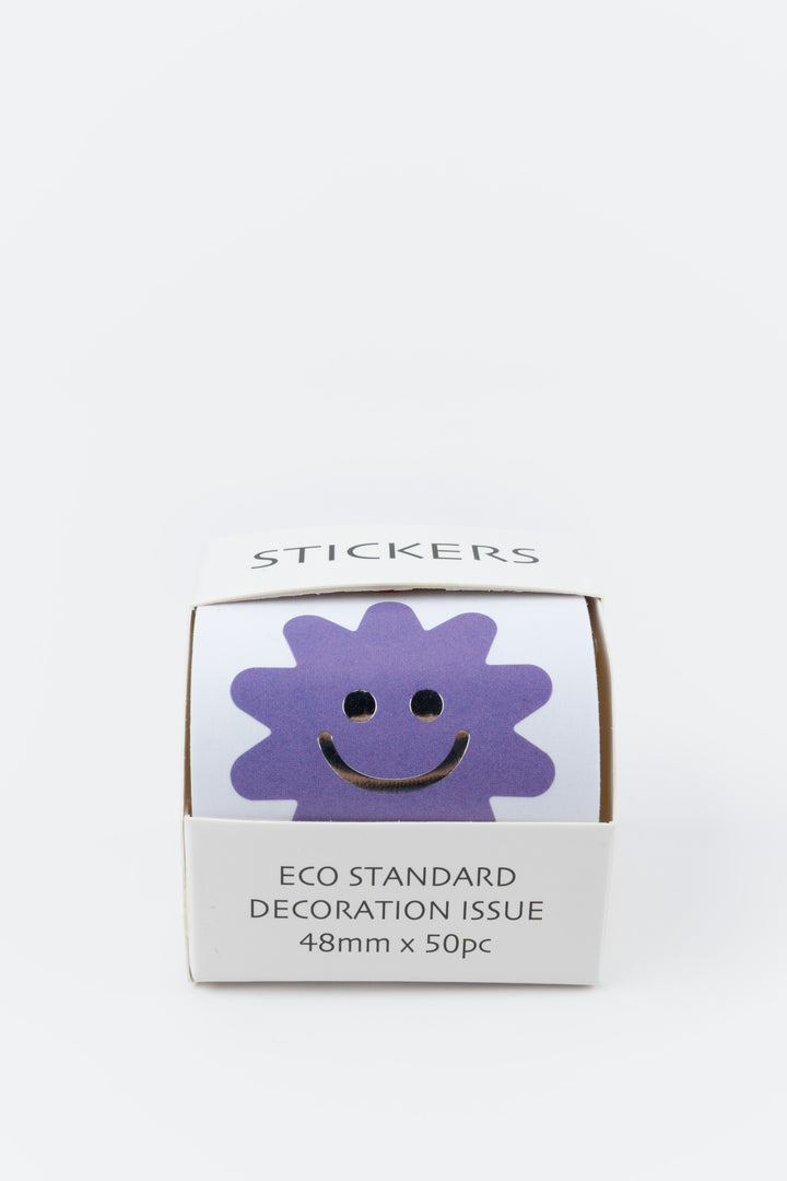 Box of stickers with a purple smiley face design on a white background