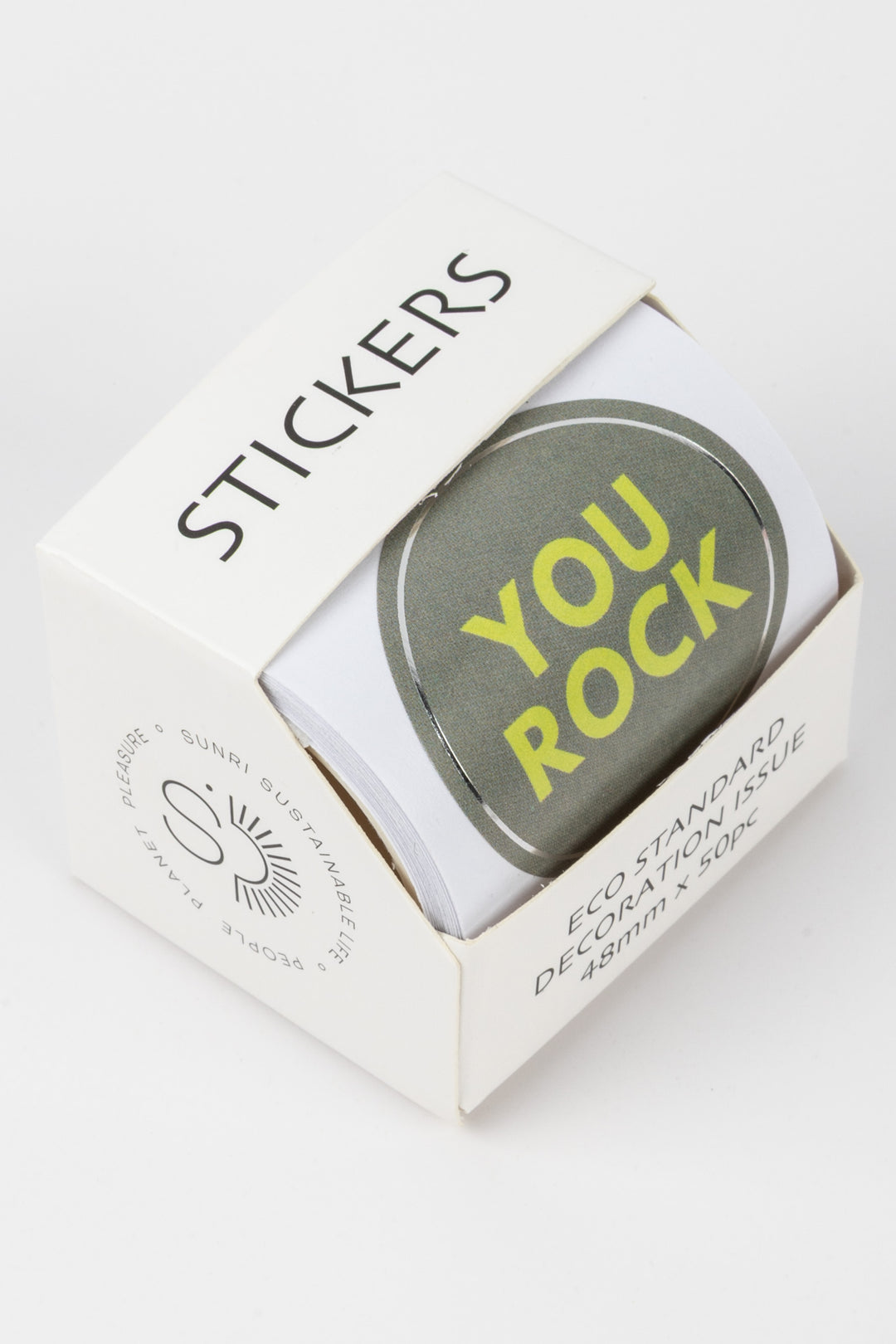 Packaged stickers with 'YOU ROCK' text on a white background