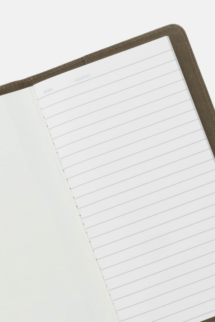 Open notebook with lined pages on a white background