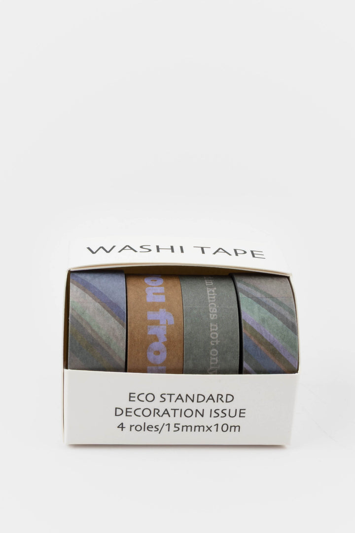 Set of washi tape rolls in a box with text on a white background