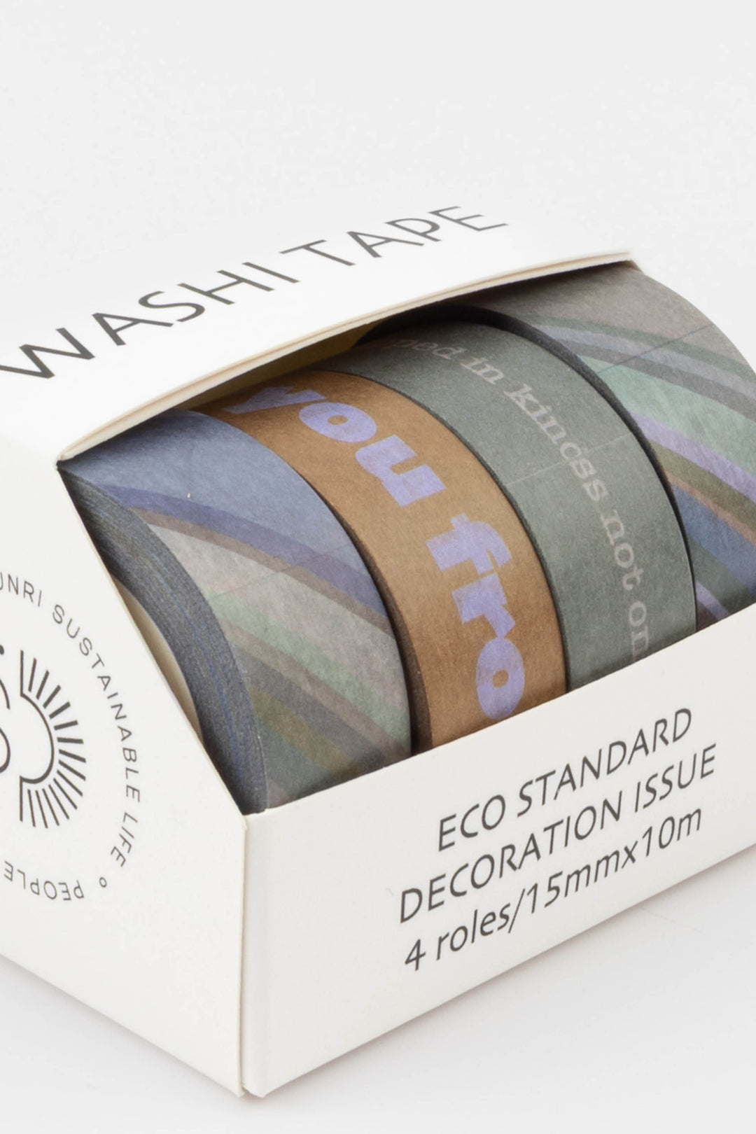 Set of washi tape rolls in a box with text on a white background