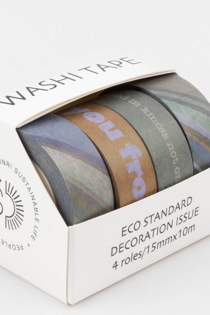 Set of washi tape rolls in a box with text on a white background