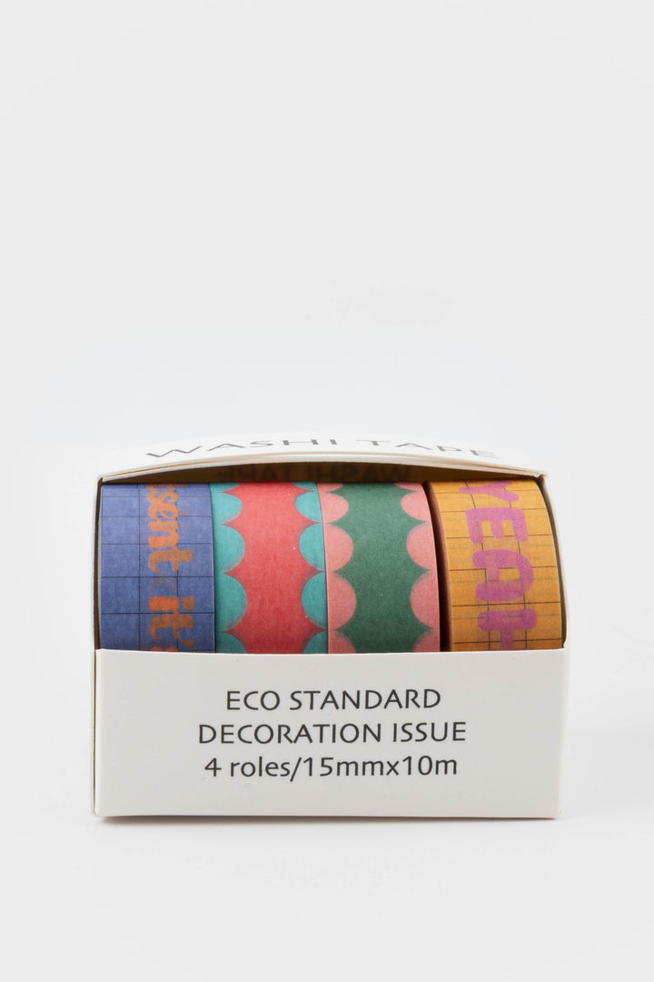 Box of colorful washi tape rolls with text on a white background