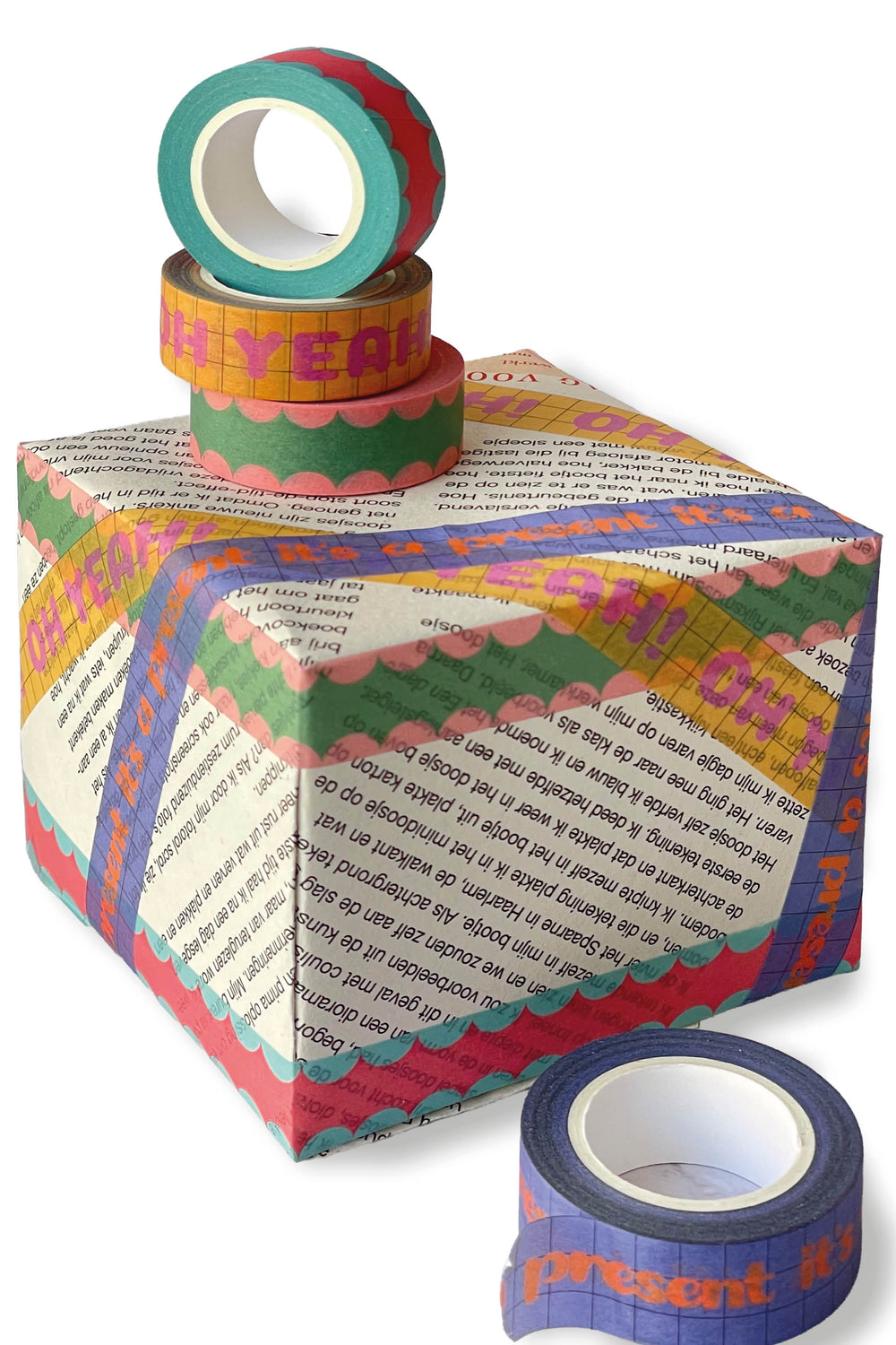Colorful washi tape with a decorative box on a white background
