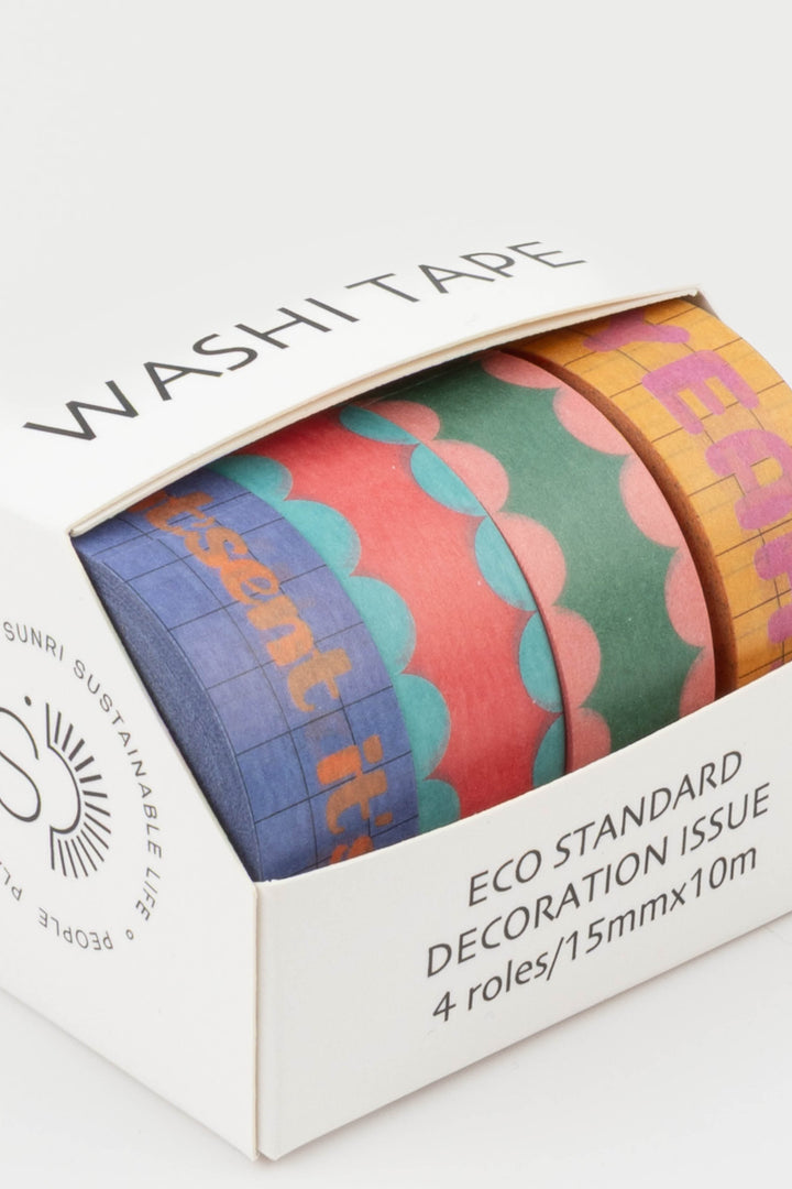 Set of colorful washi tape rolls in a box with branding and product details.