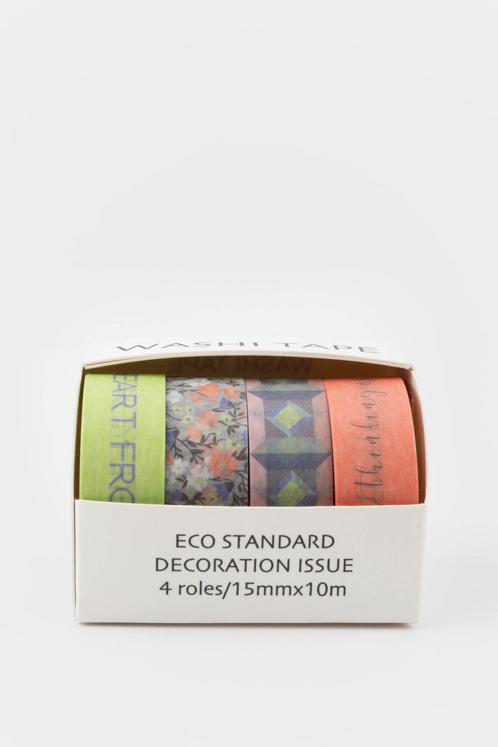 Set of four colorful washi tapes in a box with text on a white background