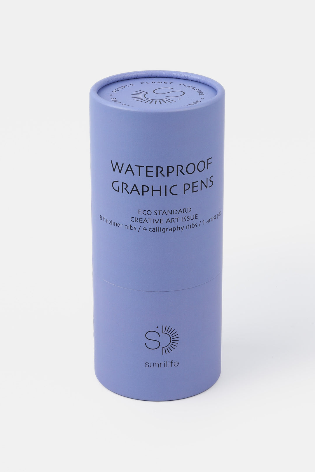 Purple cylindrical container with 'Waterproof Graphic Pens' text on a white background