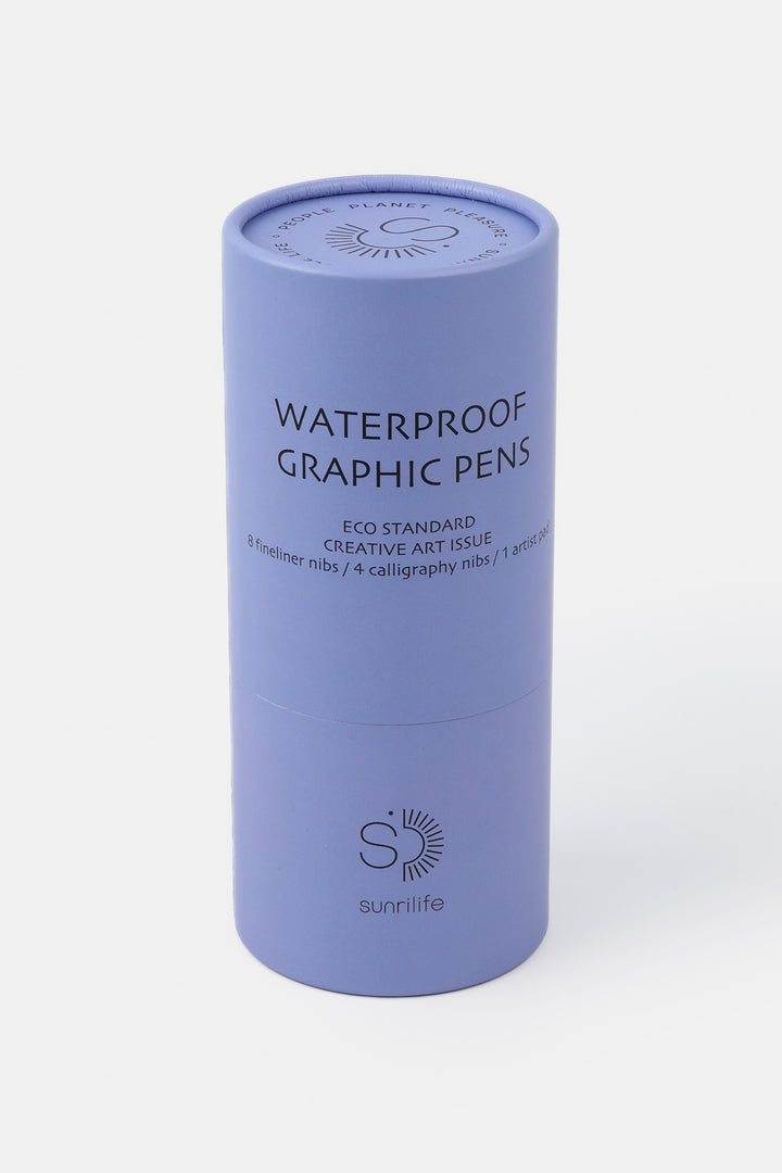 Purple cylindrical container with 'Waterproof Graphic Pens' text on a white background