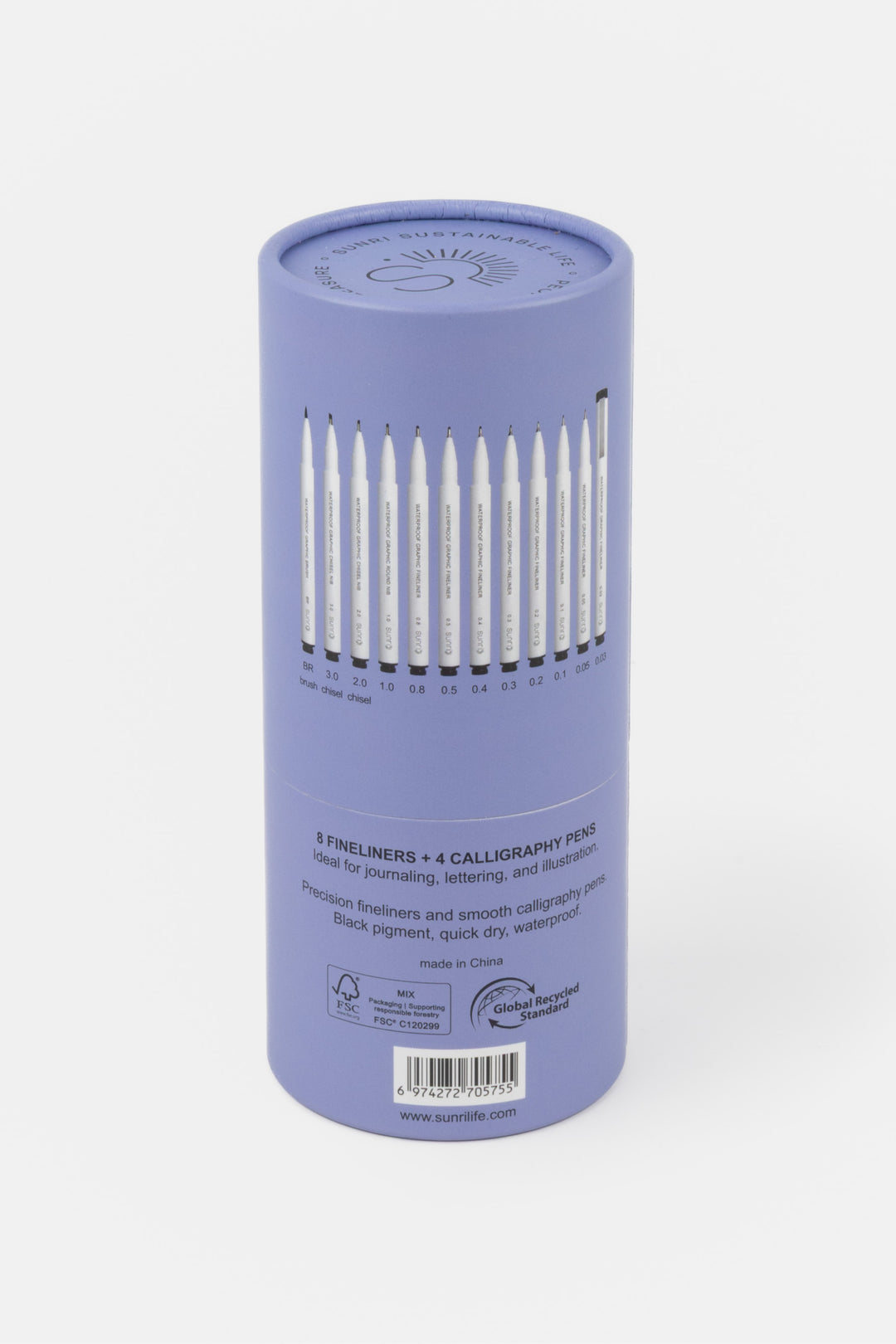 Purple cylindrical container with pens on a white background