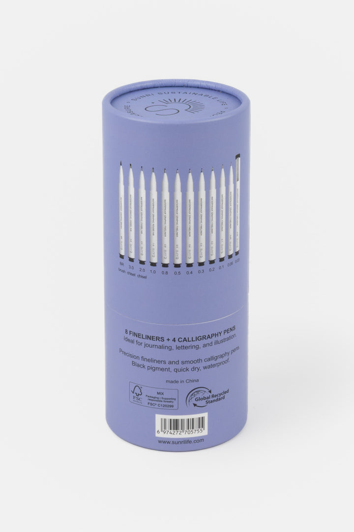 Purple cylindrical container with pens on a white background