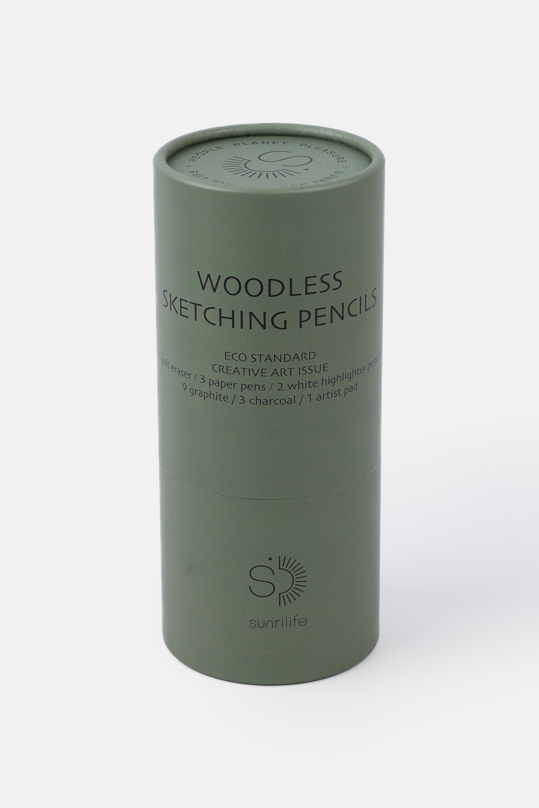 Green cylindrical container with 'Woodless Sketching Pencils' text on a white background