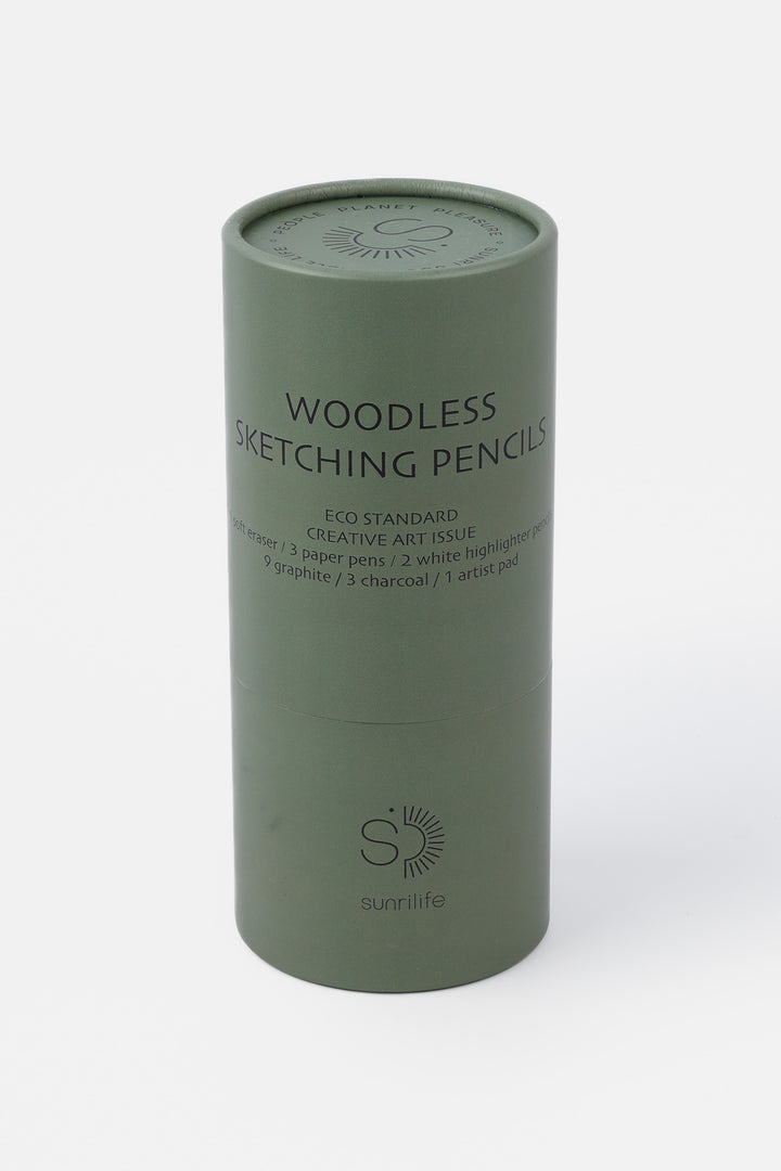 Green cylindrical container with 'Woodless Sketching Pencils' text on a white background