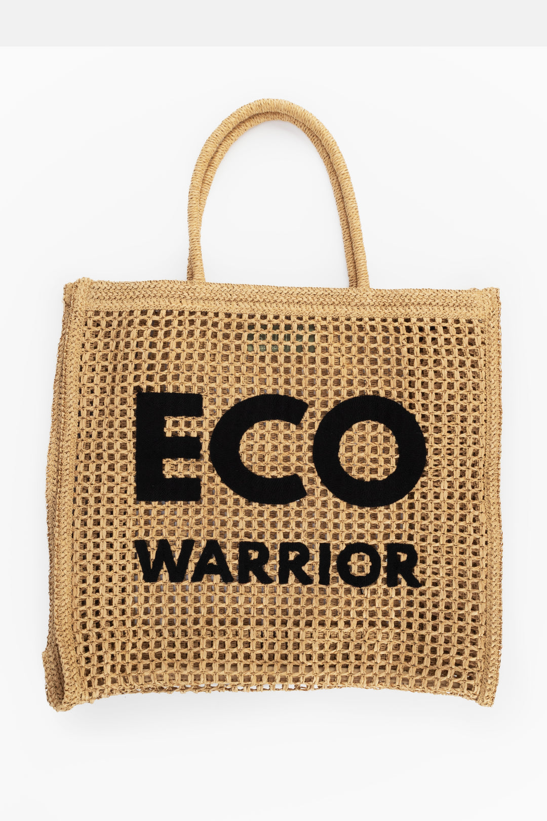 woven paper straw bag with 'ECO WARRIOR' text on a white background