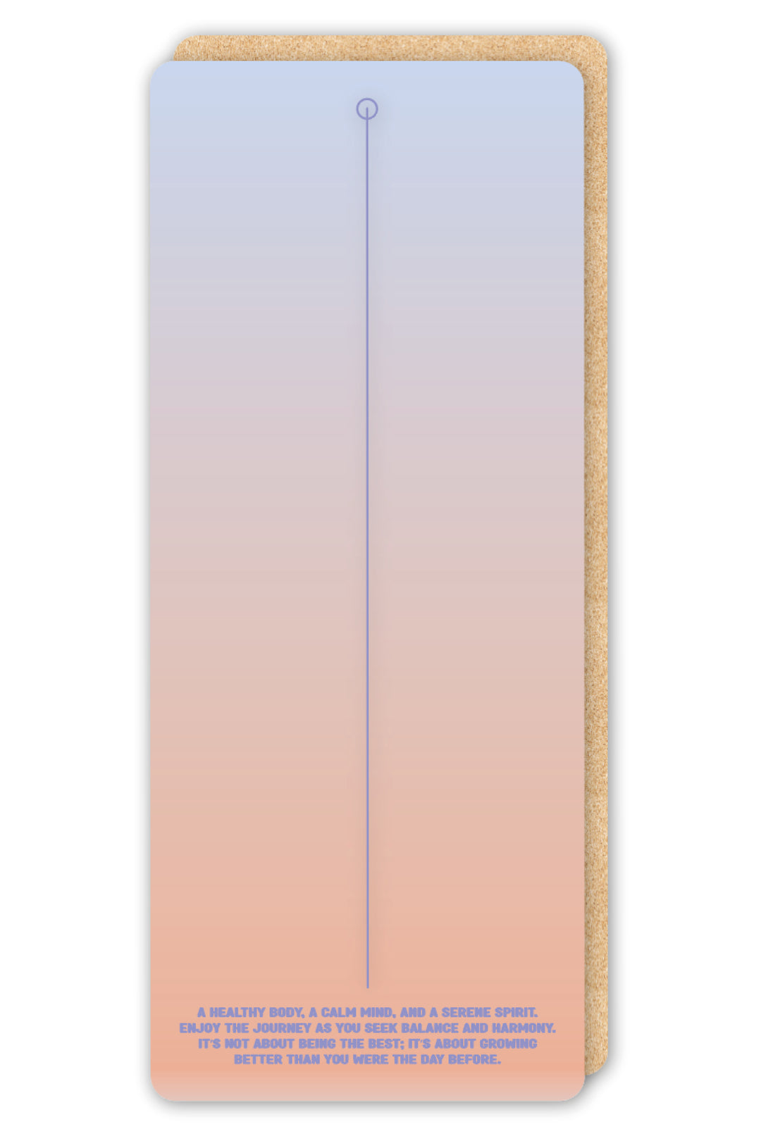 sustainable yoga mat fully unrolled showing ombre purple gradient with centre alignment line and quote at bottom
