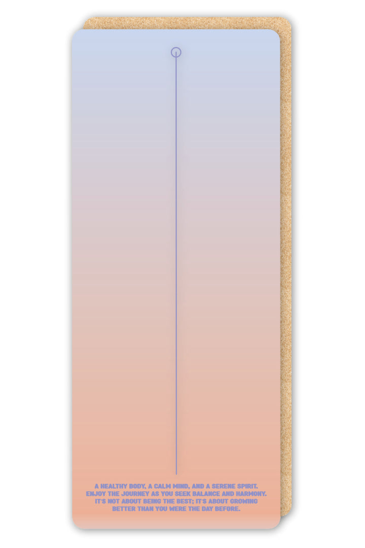 sustainable yoga mat fully unrolled showing ombre purple gradient with centre alignment line and quote at bottom
