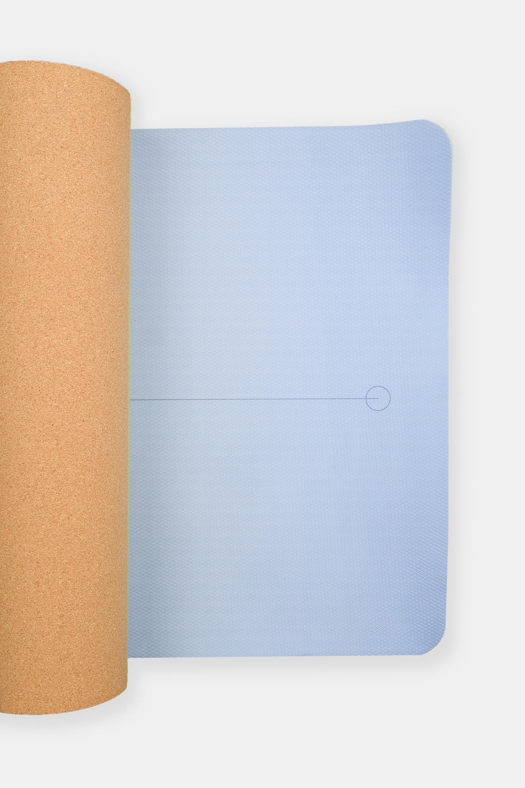 yoga mat half unrolled with ombre purple gradient and alignment line visible next to cork backing
